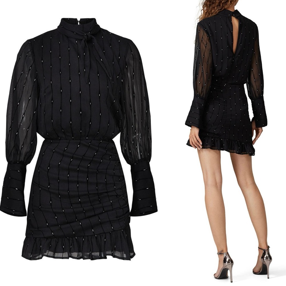 Stevie May Black Crepe Beaded Always Ready Mini Long Sleeve Cocktail Dress Sz 12 - Picture 1 of 9